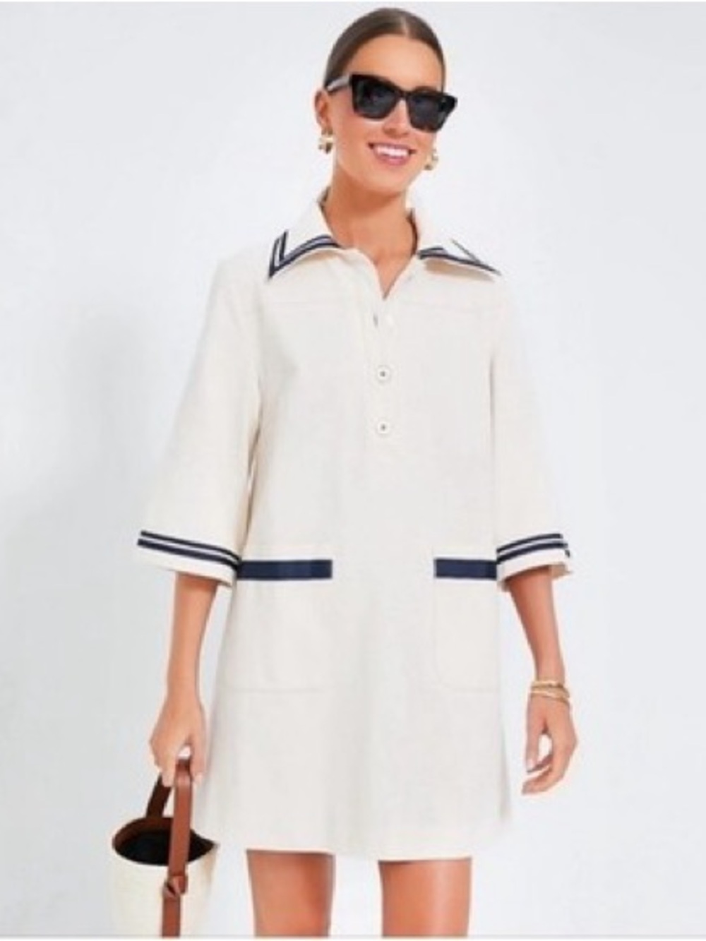 Pomander Place Cream Sailor-Collar Cover-Up with Navy Trim
